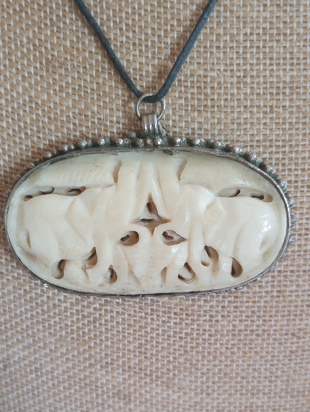 Navajo Hand Carved  Bovine Bone Lucky Elephants Pendant Black cord Necklace  26" - Picture 2 of 7